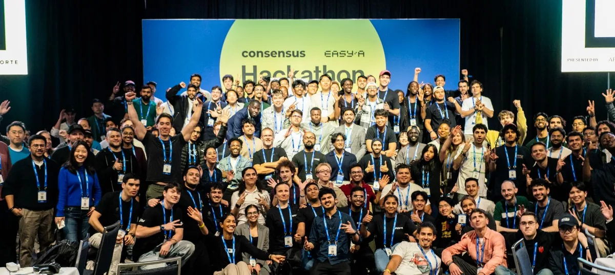 Everyone at the EasyA hackathon at Consensus in Toronto, together on stage