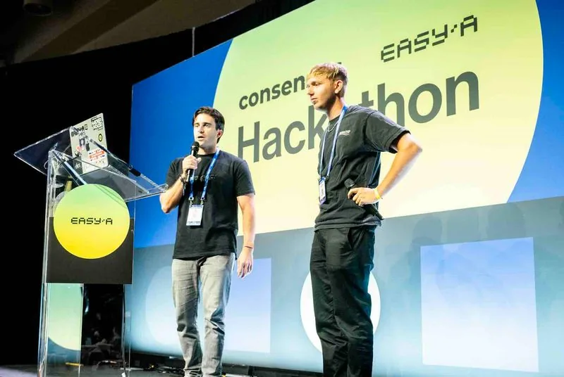 On stage at the Consensus Hackathon in Toronto