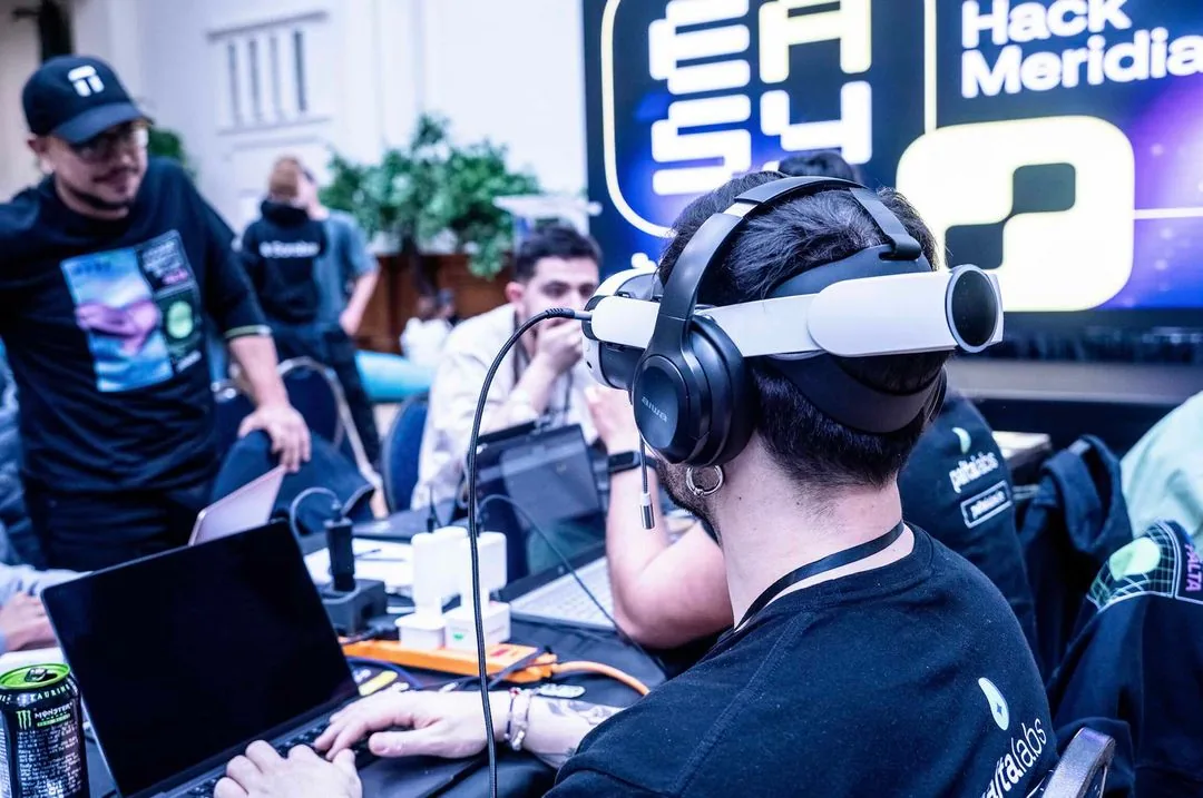 A builder in a VR headset at Stellar Hack Meridian in London